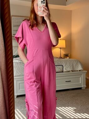 entro Hot Pink V-Neck Short Sleeve Jumpsuit with Side Ties